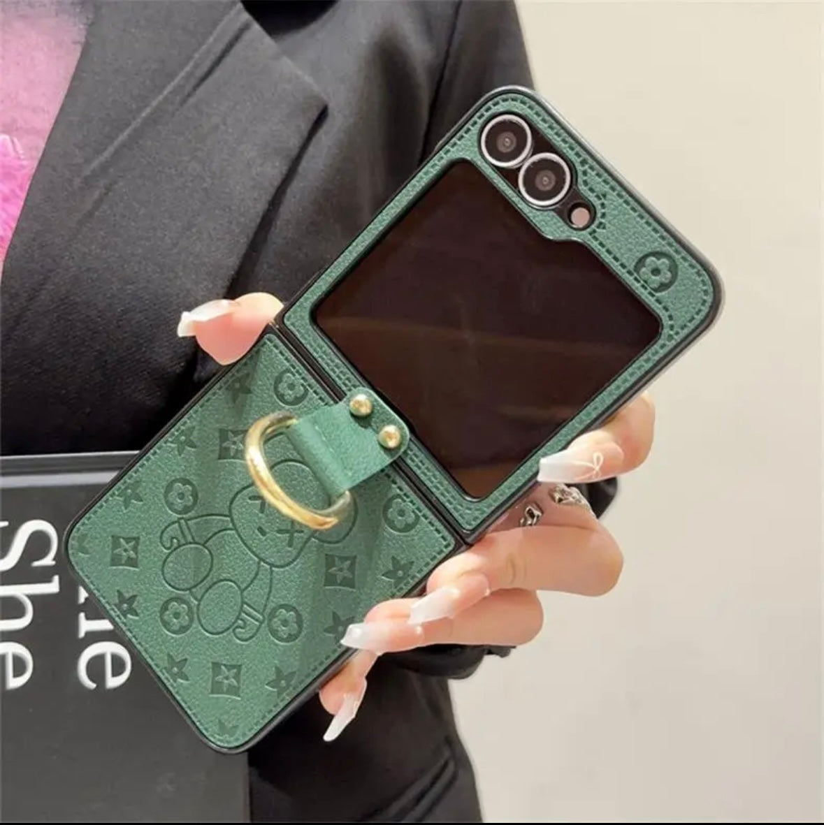 "Samsung Z Flip sorozatú bőr összecsukható zuhanásgátló mobiltelefon tok, ujjgyűrűs csat kialakítással"