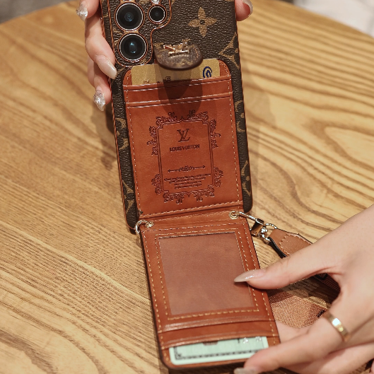 Luxury Monogram Leather Multi-Function Phone Case with Wrist Strap