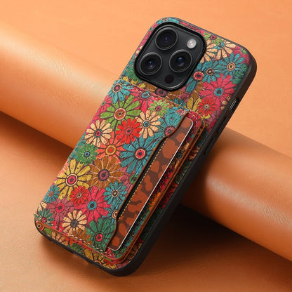Vintage Floral Seasons Leder-Brieftaschenhülle – Boho-Chic-Schutz für die iPhone-Hülle