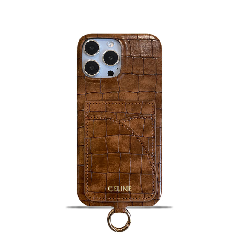 Celine iPhone-Hülle mit Alligatormuster, Kartenhalter und Riemen, Braun -EYP241415