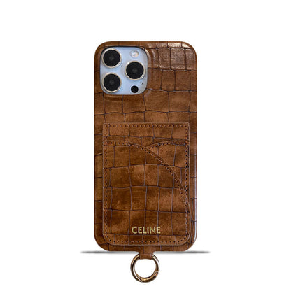 Celine iPhone-Hülle mit Alligatormuster, Kartenhalter und Riemen, Braun -EYP241415