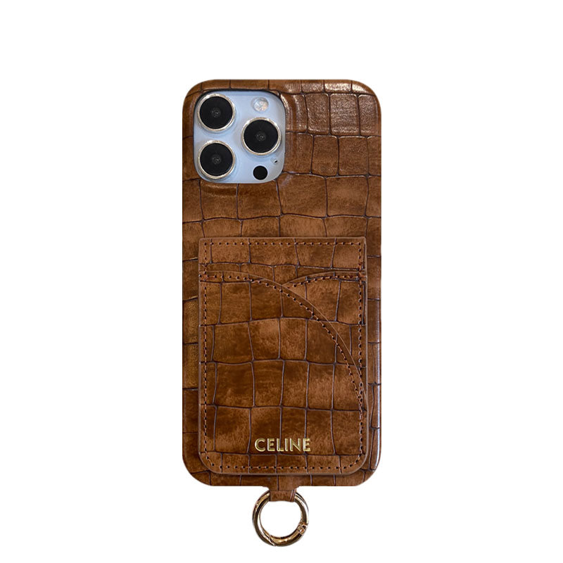 Celine iPhone-Hülle mit Alligatormuster, Kartenhalter und Riemen, Braun -EYP241415