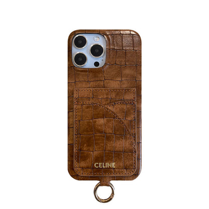 Celine iPhone-Hülle mit Alligatormuster, Kartenhalter und Riemen, Braun -EYP241415