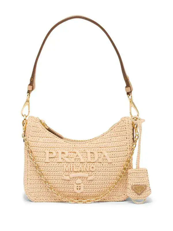 Beige Woven Shoulder Bag with Gold Chain – Summer Chic Handbag