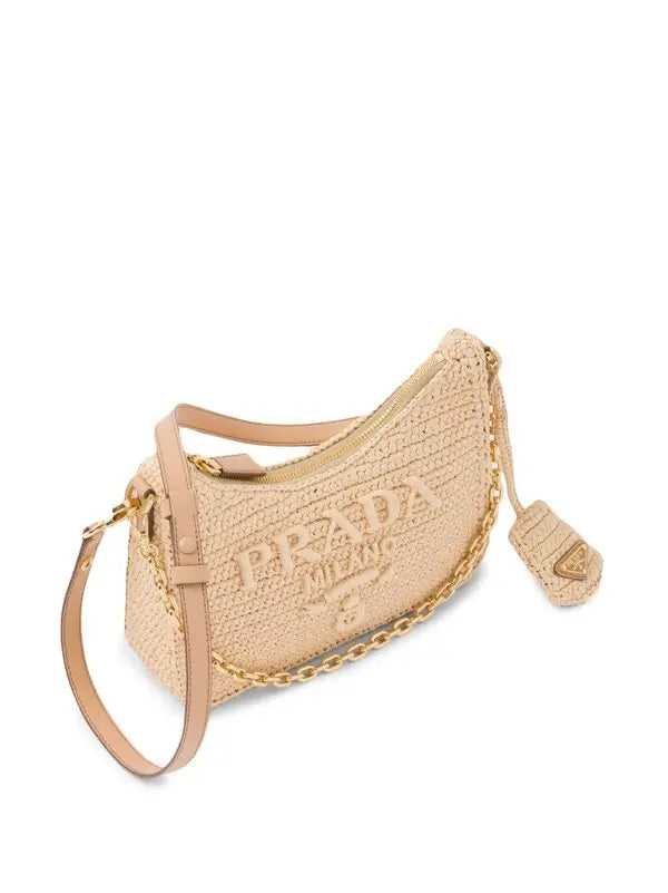 Beige Woven Shoulder Bag with Gold Chain – Summer Chic Handbag