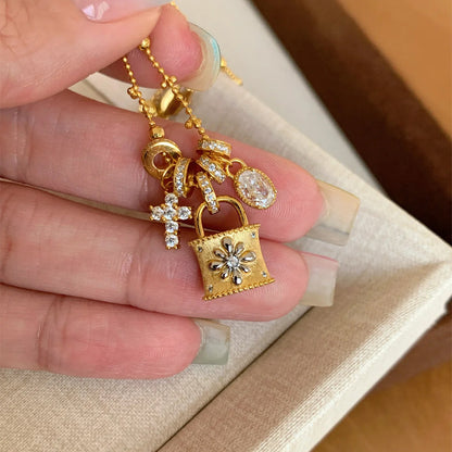 Elegant Cross & Lock Pendant Necklace – Dainty Gold Chain with Crystal Charms