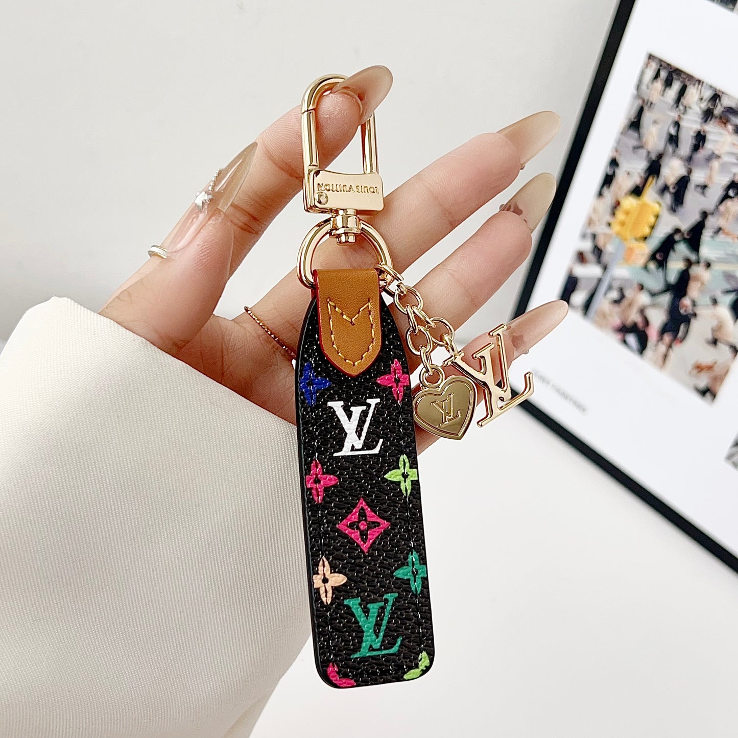 Luxury Leather Keychain Charm with Gold Accents