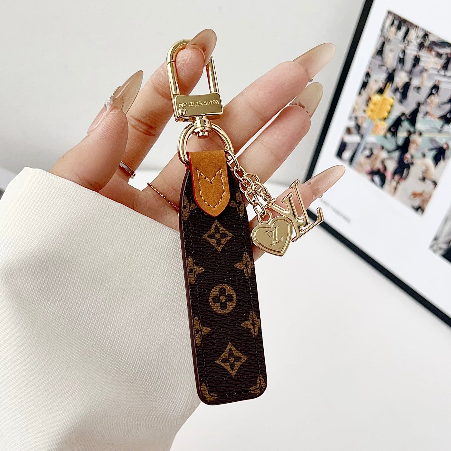 Luxury Leather Keychain Charm with Gold Accents