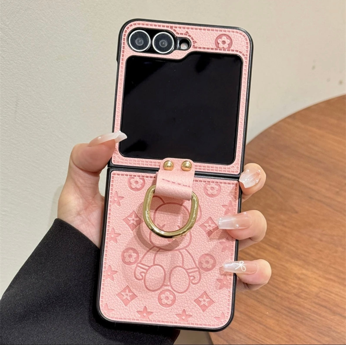 "Samsung Z Flip sorozatú bőr összecsukható zuhanásgátló mobiltelefon tok, ujjgyűrűs csat kialakítással"