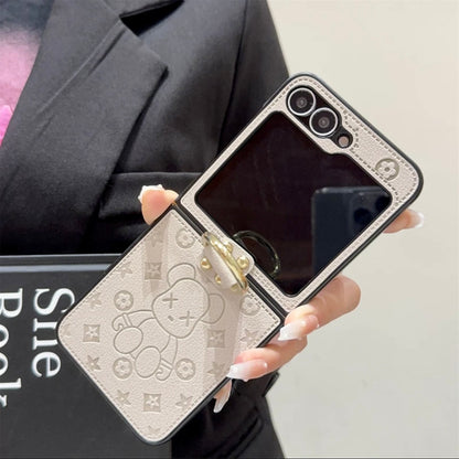 "Samsung Z Flip sorozatú bőr összecsukható zuhanásgátló mobiltelefon tok, ujjgyűrűs csat kialakítással"