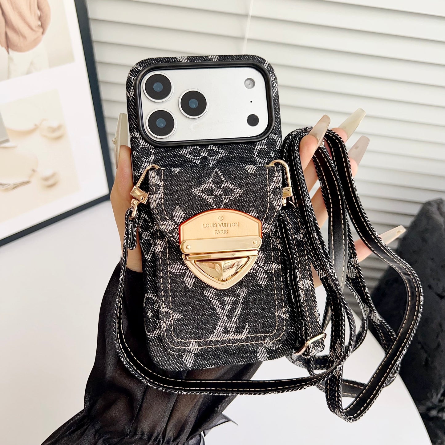 Luxury Crossbody iPhone Case with Card Pocket & Detachable Strap