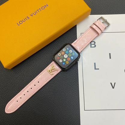 GLOSSY LEATHER APPLE WATCH STRAP LUXURY METAL LOGO