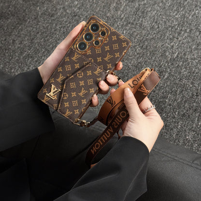 Capa de couro avançada para celular Samsung com carteira e alça.