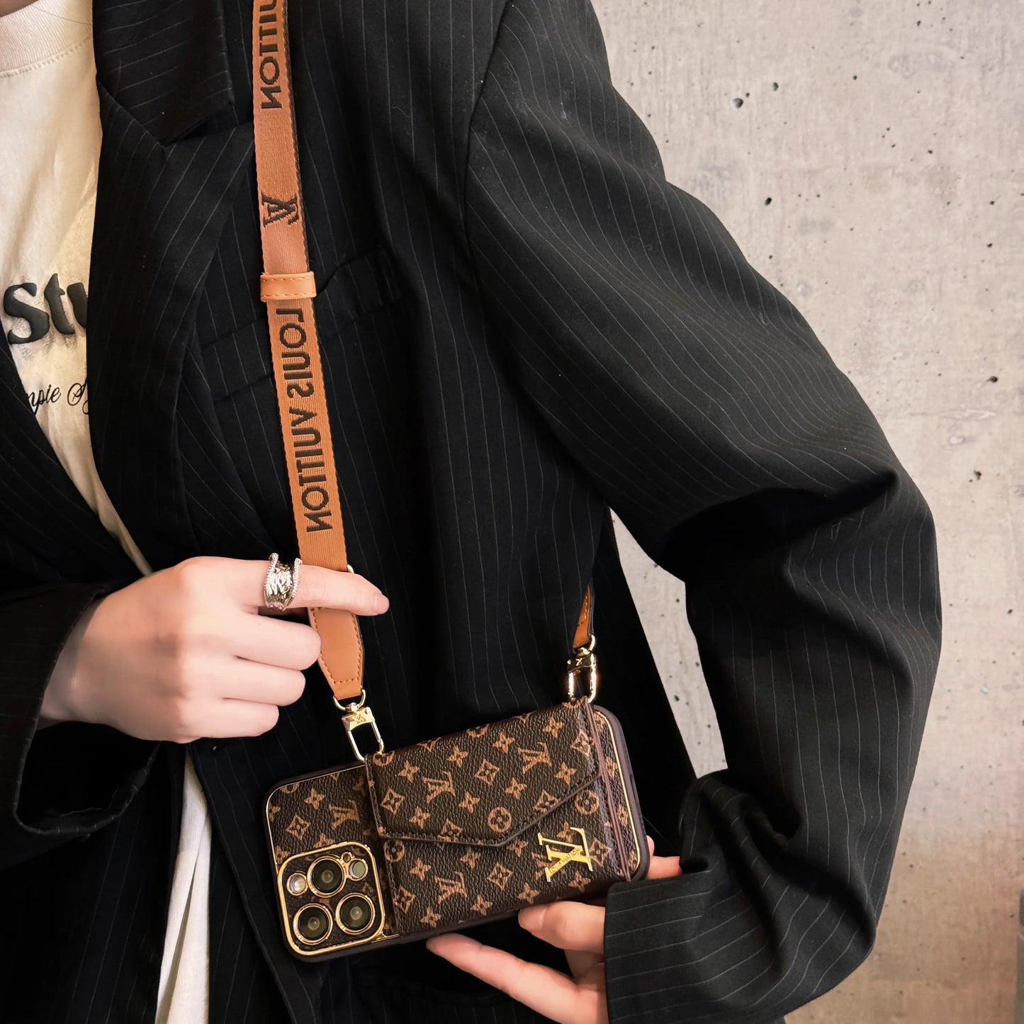 Monogram iPhone Case с кошельком и ремешком Brown Small Printing-XFQ240329