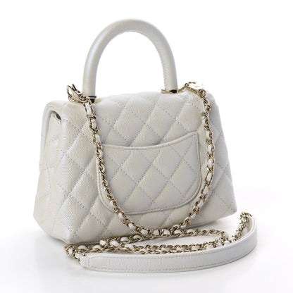 Elegant Iridescent Caviar Quilted Mini Coco Handle Flap White