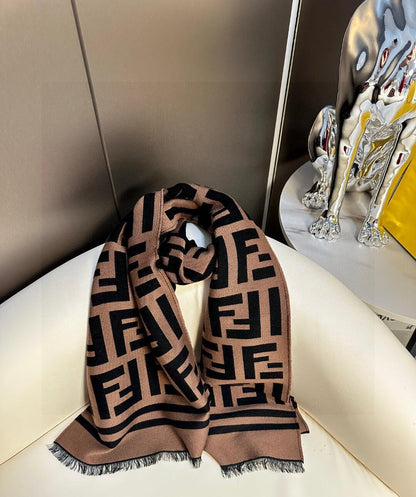 Brown and black contrasting geometric texture knitted scarf, fringed edge shawl