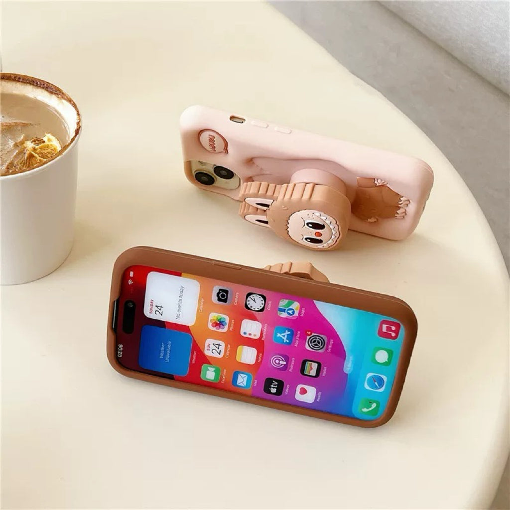 Cute Cartoon Labubu Zimomo Silicon cu suport | Maro/Roz - Husa iPhone