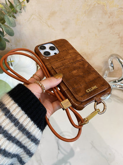 Celine iPhone-Hülle mit Alligatormuster, Kartenhalter und Riemen, Braun -EYP241415