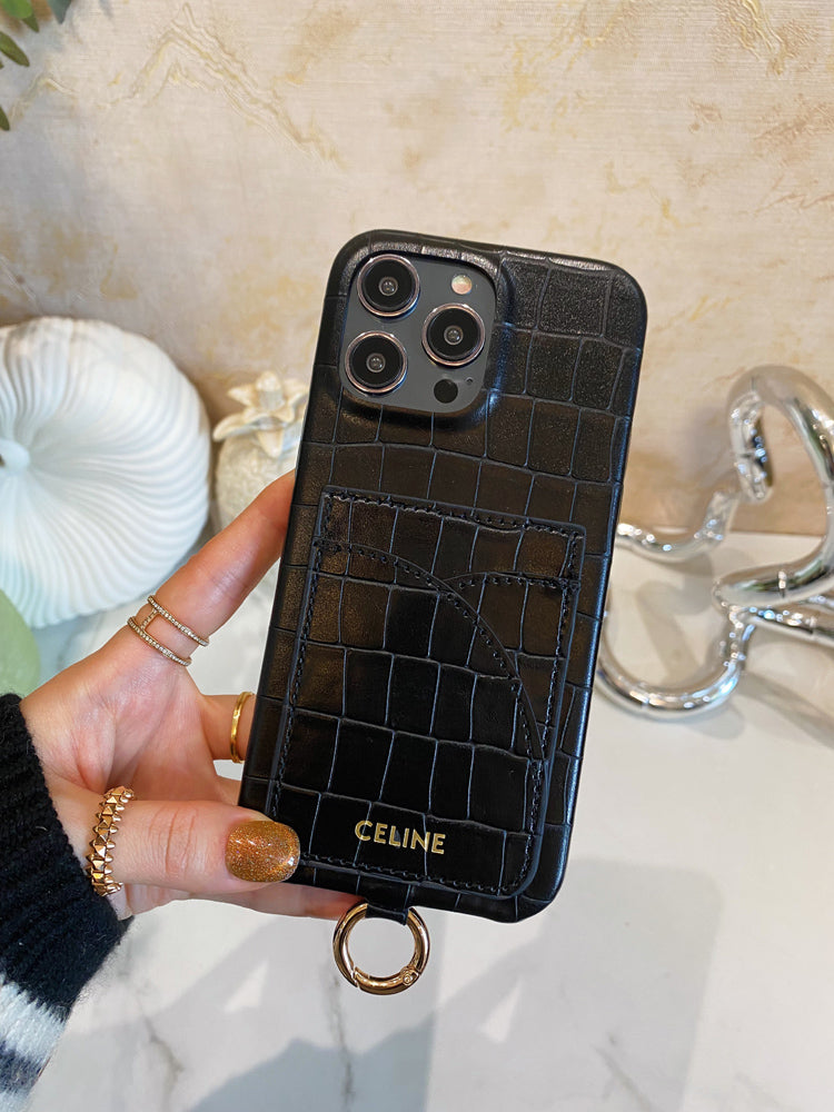 Etui Celine do iPhone'a z nadrukiem aligatora z miejscem na kartę i paskiem, czarne -EYP241415