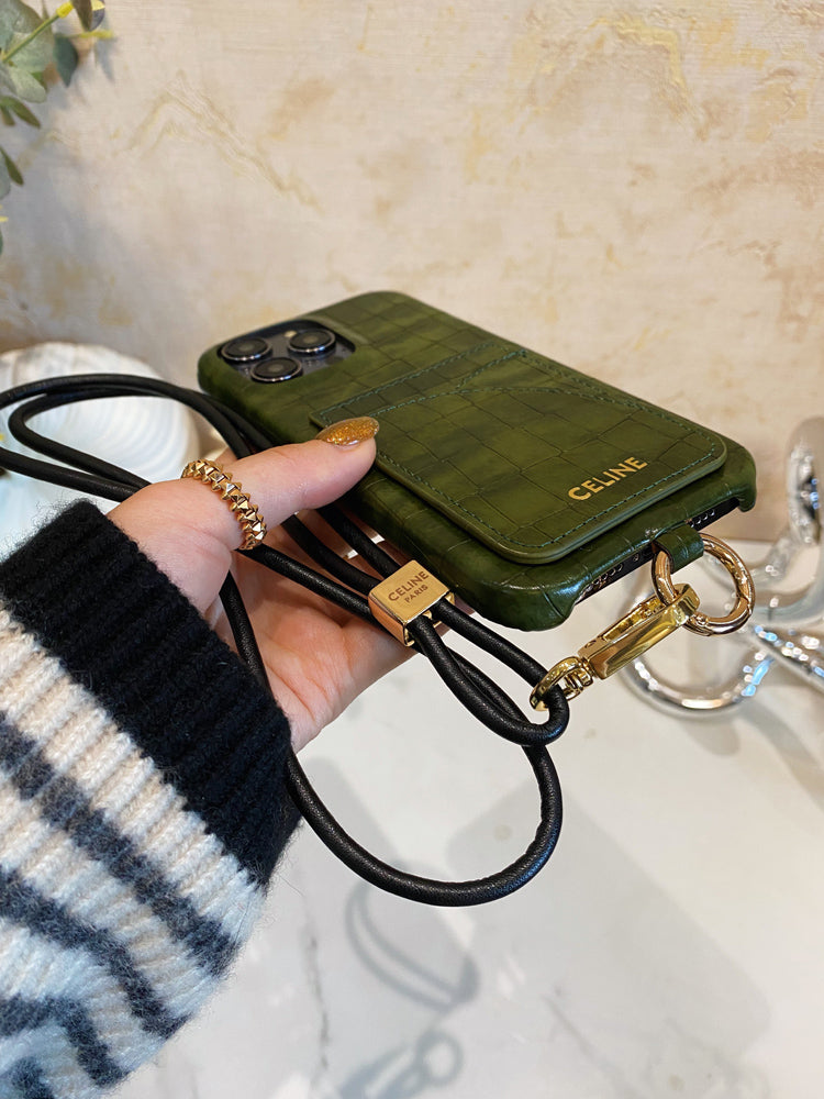 Etui Celine do iPhone'a z nadrukiem aligatora z miejscem na kartę i paskiem Zielone -EYP241415