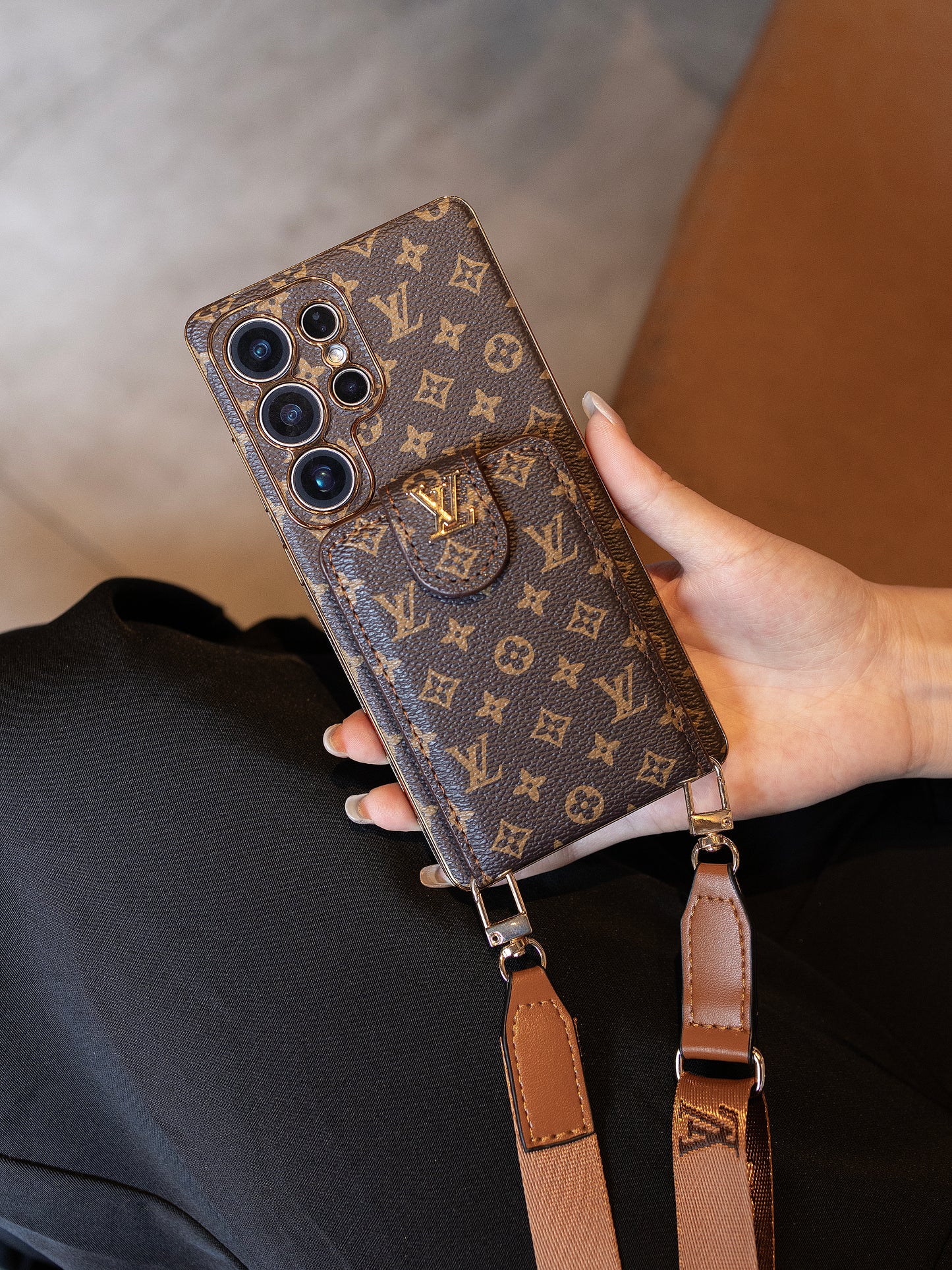 Luxury Monogram Leather Multi-Function Phone Case with Wrist Strap