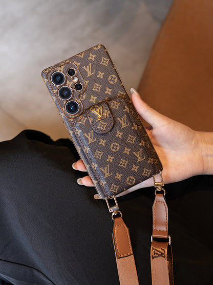 Luxury Monogram Leather Multi-Function Phone Case with Wrist Strap