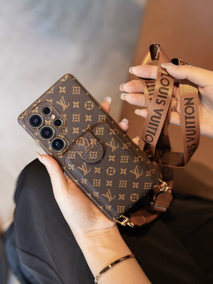 Luxury Monogram Leather Multi-Function Phone Case with Wrist Strap