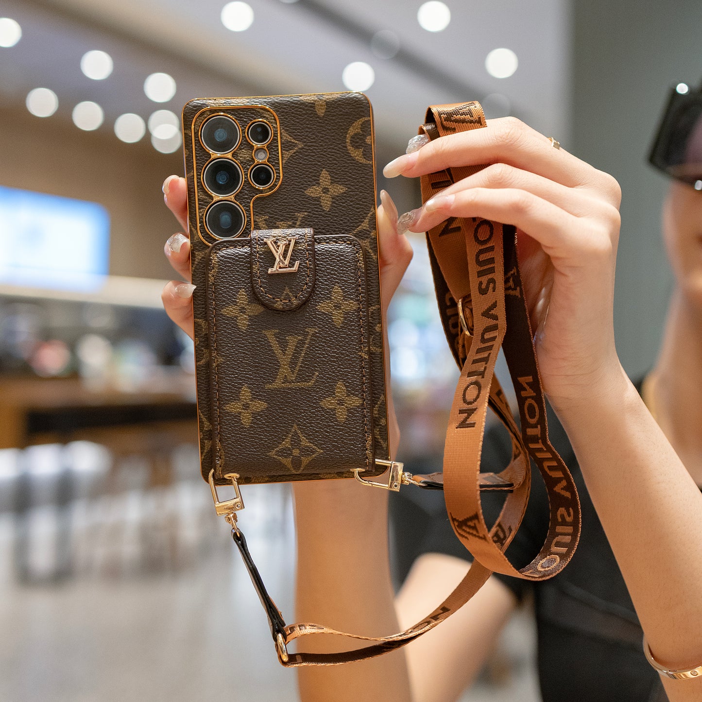 Luxury Monogram Leather Multi-Function Phone Case with Wrist Strap