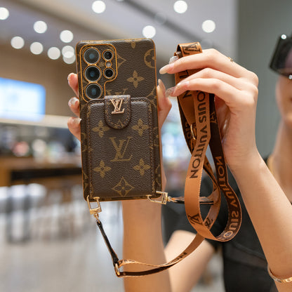 Luxury Monogram Leather Multi-Function Phone Case with Wrist Strap