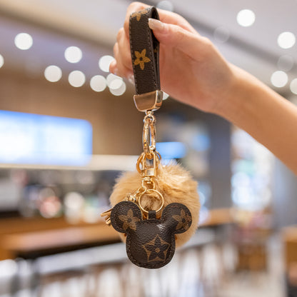 高級ミッキーキーホルダー - フェイクレザー & ハンドバッグや車に使えるファーポンポンチャーム