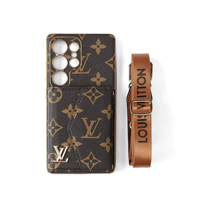 Fejlett bőr Samsung telefontok pénztárcával és szíjjal.