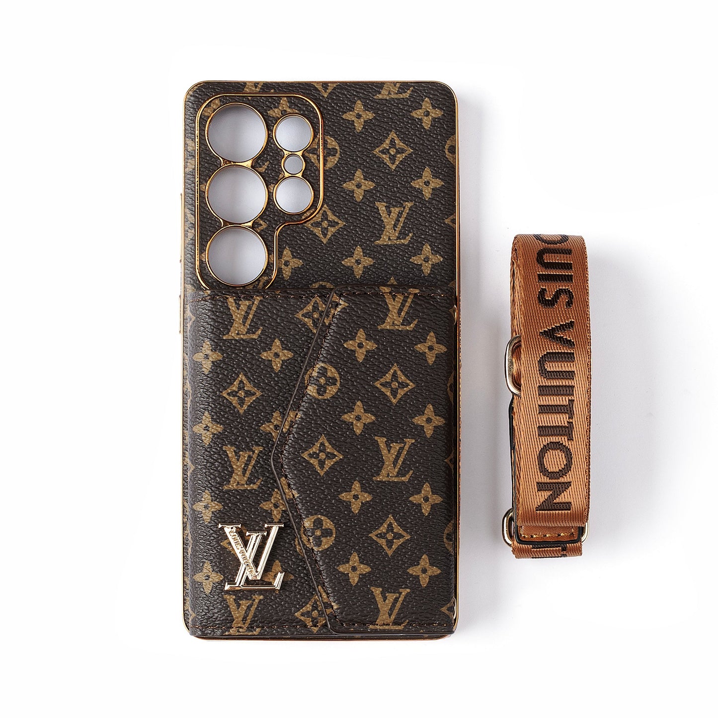 Fejlett bőr Samsung telefontok pénztárcával és szíjjal.