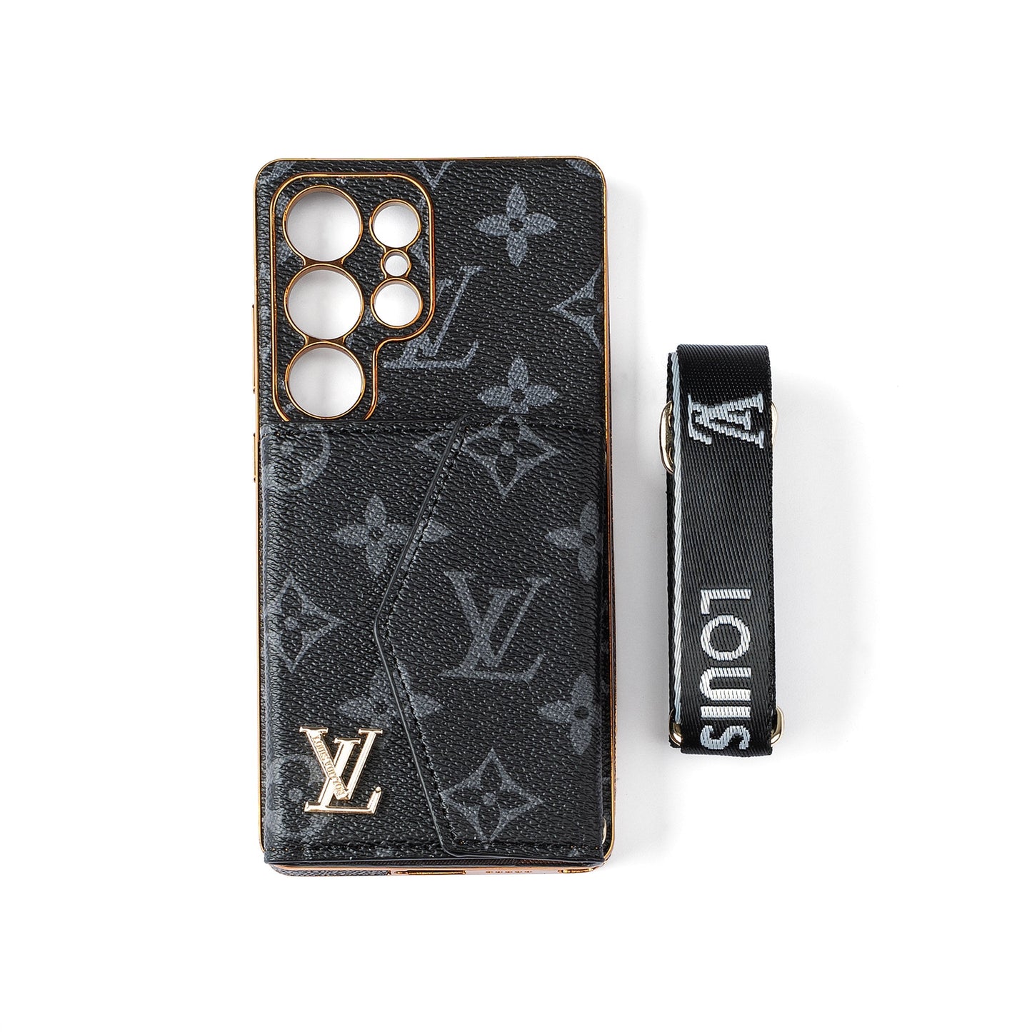 Fejlett bőr Samsung telefontok pénztárcával és szíjjal.