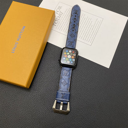 Leather Monogram Apple Watch Bands Leather Blue-YH24422