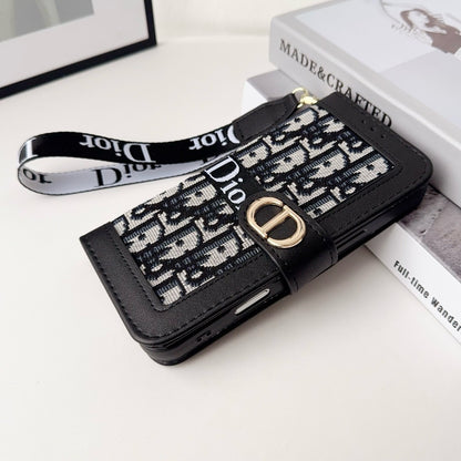 CD Elegant Pattern Wallet iPhone Case with Detachable Wrist Strap