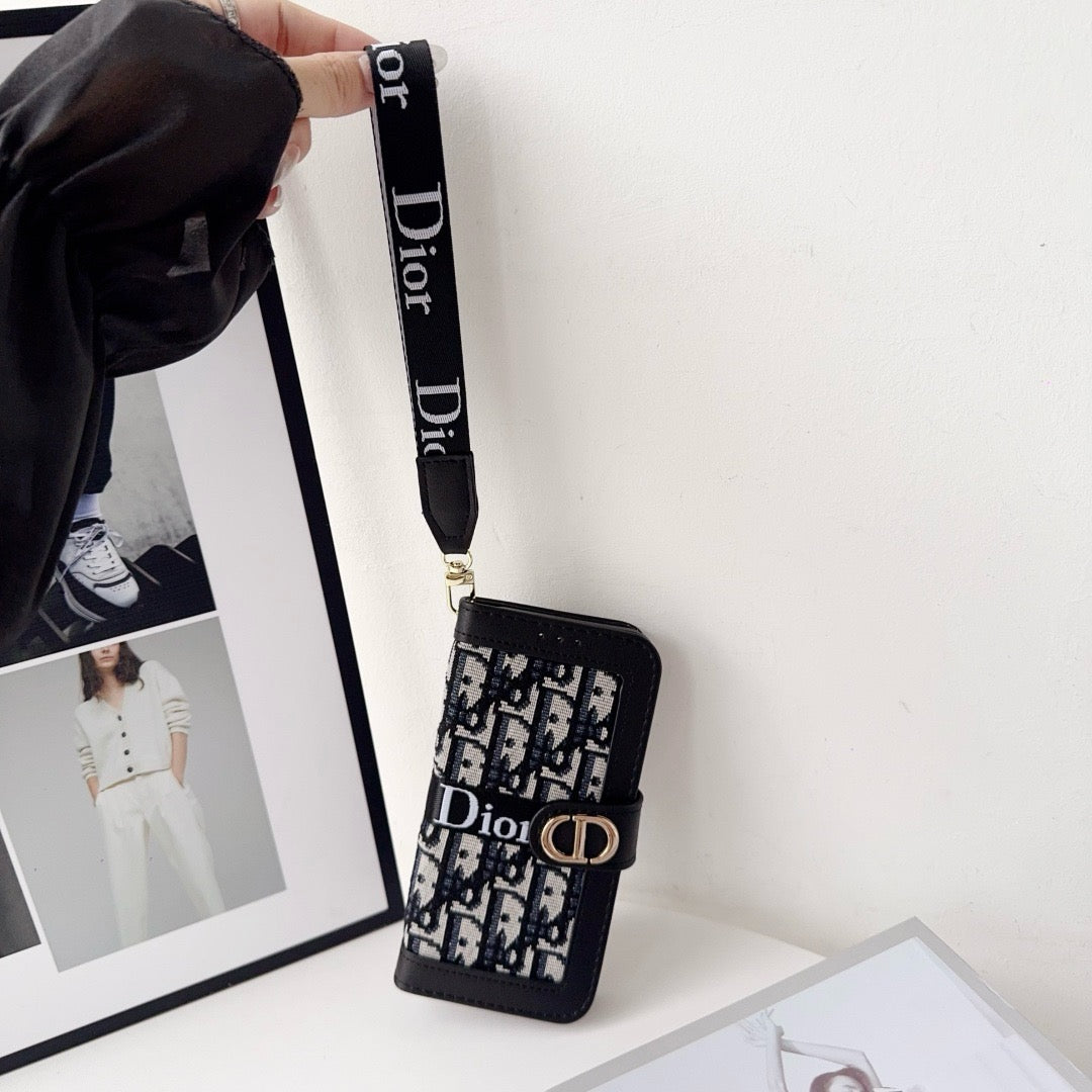 CD Elegant Pattern Wallet iPhone Case with Detachable Wrist Strap