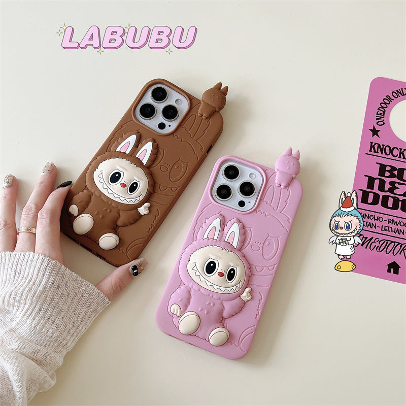لطيف الكرتون Labubu 3D حالة السيليكون | بني وردي - حافظة آيفون