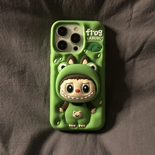 Söt tecknad labubu zimomo silikon med stand | Brun/rosa - iPhone -fodral