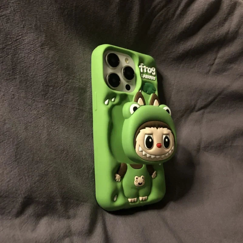 Leuke cartoon Labubu Zimomo siliconen met standaard | Bruin/roze - iPhone-hoesje