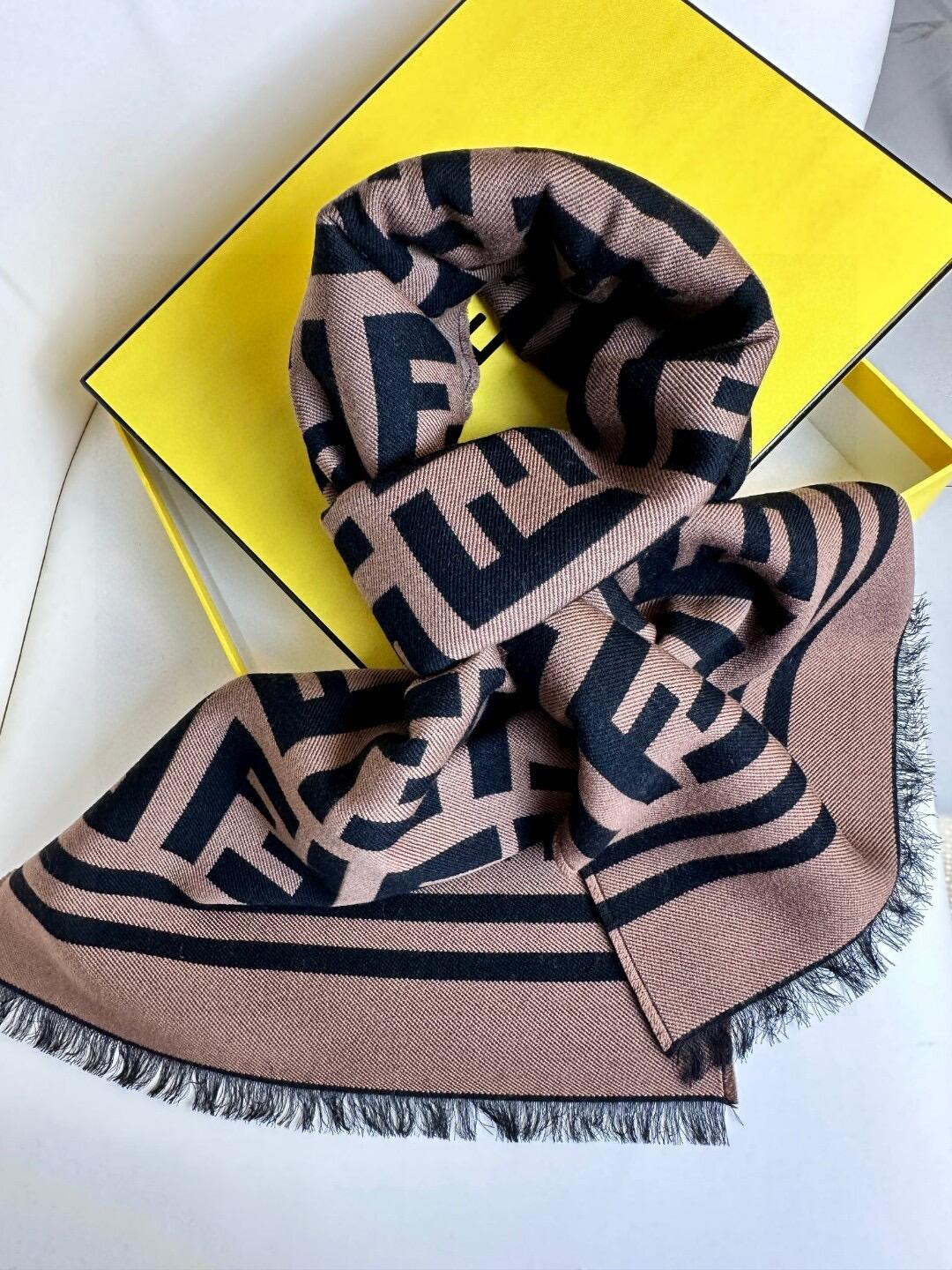 Brown and black contrasting geometric texture knitted scarf, fringed edge shawl