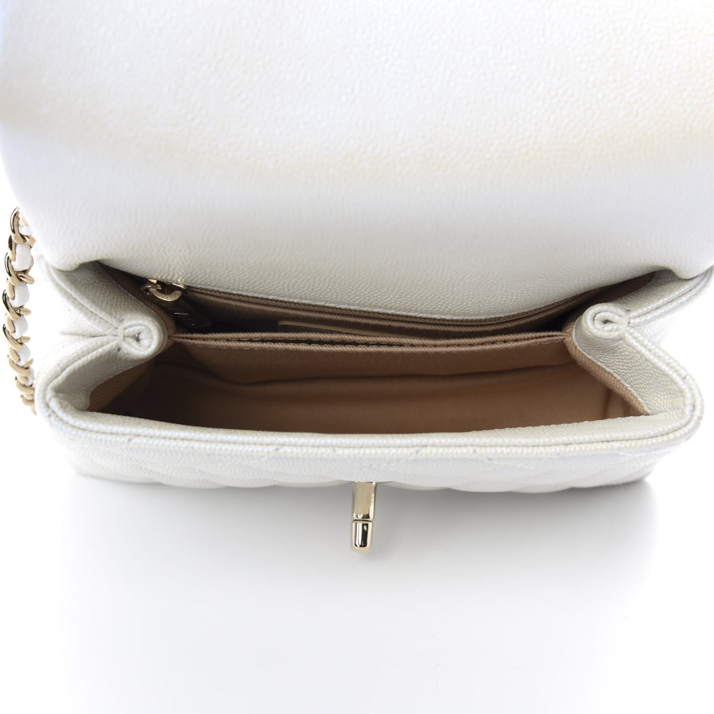 Elegant Iridescent Caviar Quilted Mini Coco Handle Flap White