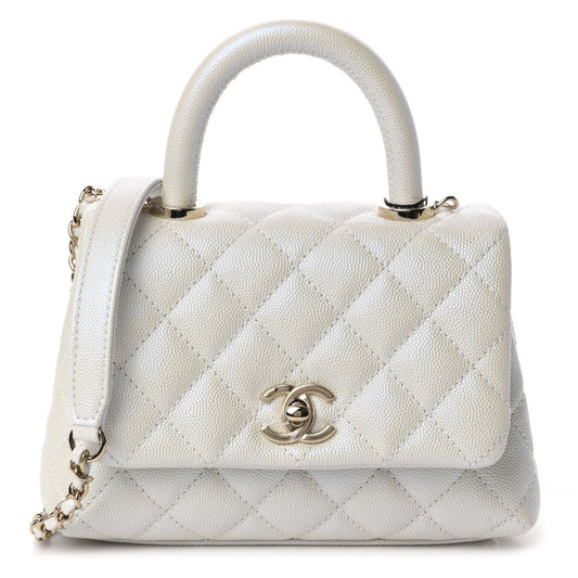 Elegant Iridescent Caviar Quilted Mini Coco Handle Flap White