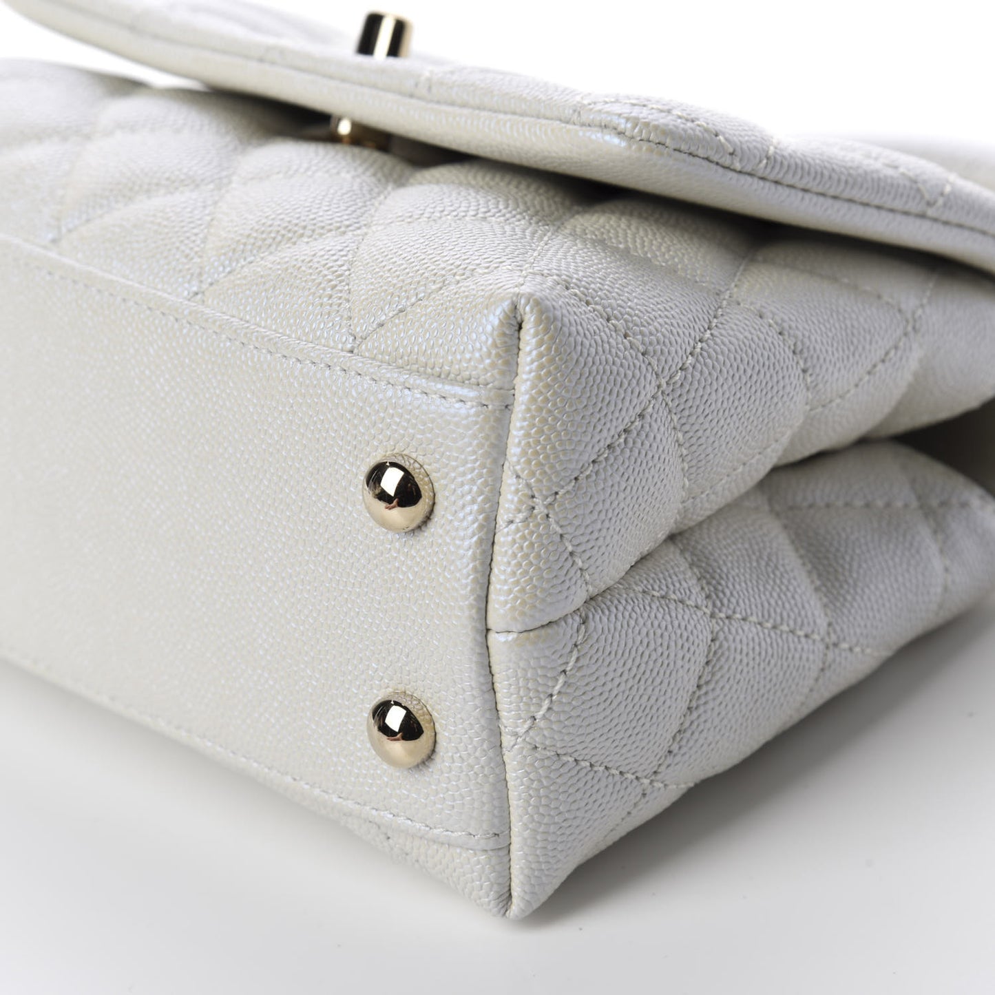 Elegant Iridescent Caviar Quilted Mini Coco Handle Flap White