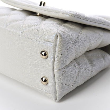 Elegant Iridescent Caviar Quilted Mini Coco Handle Flap White