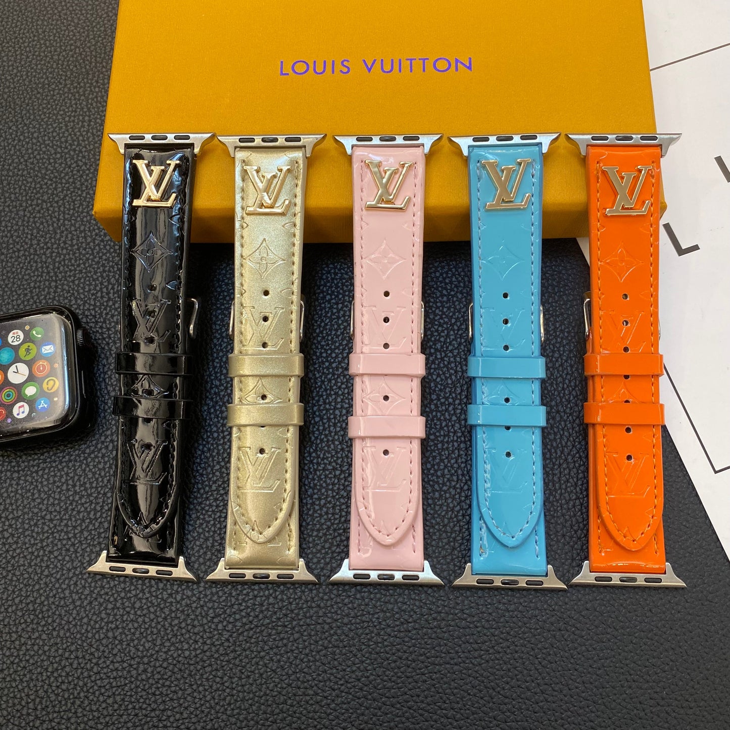GLOSSY LEATHER APPLE WATCH STRAP LUXURY METAL LOGO