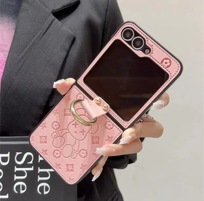 "Samsung Z Flip sorozatú bőr összecsukható zuhanásgátló mobiltelefon tok, ujjgyűrűs csat kialakítással"