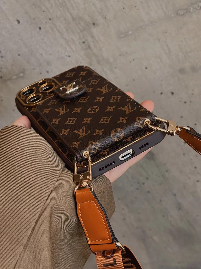 Edistyksellinen nahkainen iPhone-kotelo, jossa korttilompakko ja hihna