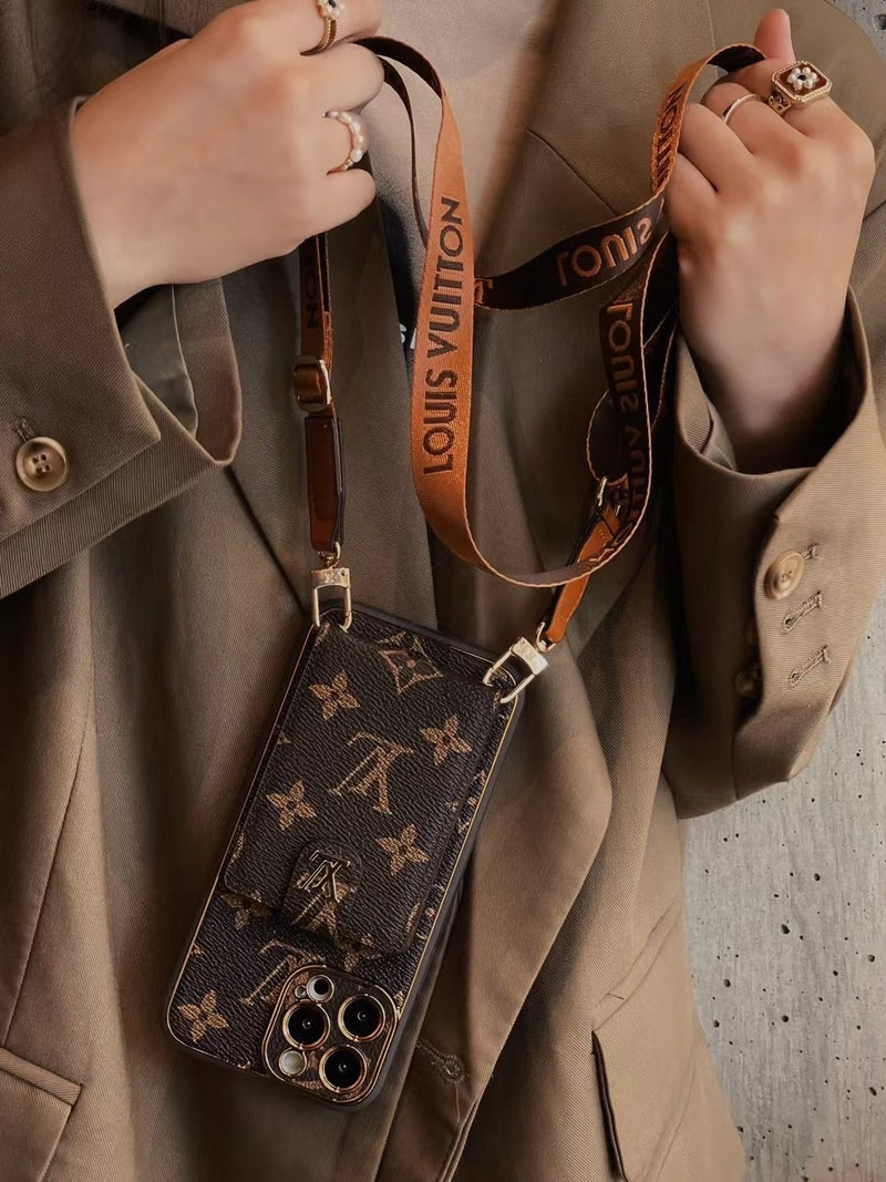 Edistyksellinen nahkainen iPhone-kotelo, jossa korttilompakko ja hihna