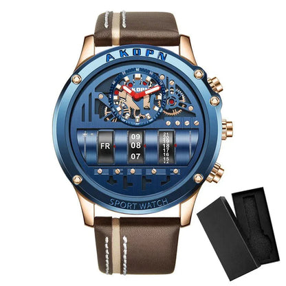 Stylish Quartz Men's Watch with Unique Rotating Date and Leather Strap - Military-Inspired Casual Timepiece