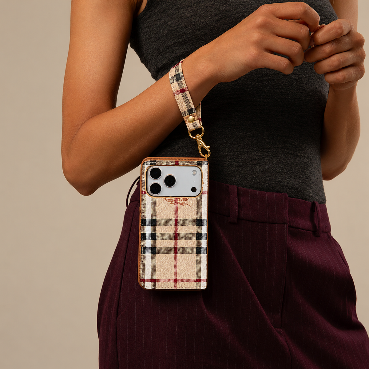 Beige Check Flip iPhone Case with Wrist Strap